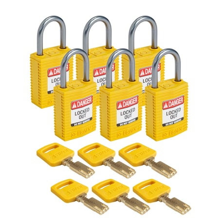 Brady Padlock, Keyed Different, Nylon, Yellow, 6 PK CPT-YLW-25AL-KD6PK